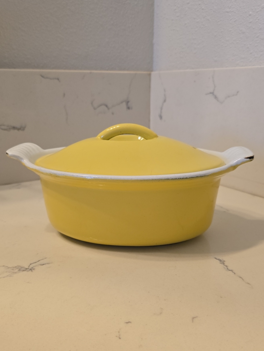 Descoware Vintage Belgium Yellow Enamel Cast Iron Small Covered Casserole Dish